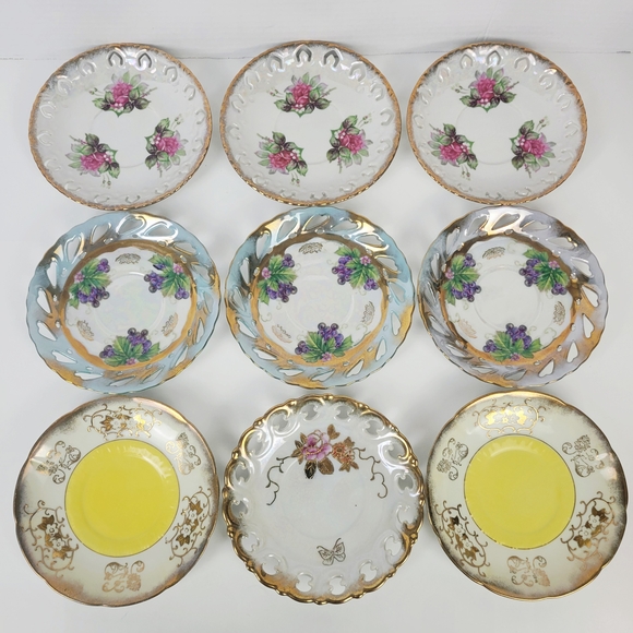 Vtg 50s Japan Lusterware Saucers 5.75"~Pierced~Floral~Grapes~Butterfly~Lot of 9 - Picture 1 of 12